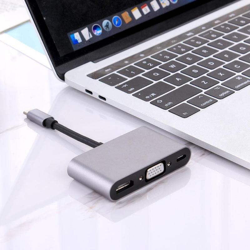 HOT sales TypeC adapter 5-in-1 3 USB type C to HDMI VGA 3.5mm Jack USB adapter with power supply type C for MacBook Pro COOLMALL