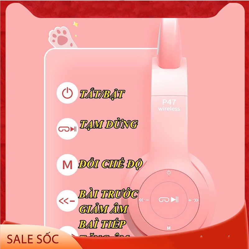 Tai Nghe Mèo Bluetooth P47 P47M, Tai Mèo Chụp Tai Có Mic, Âm Bass Mạnh Mẽ Nghe Nhạc Cực Hay jack cắm 3.5mm