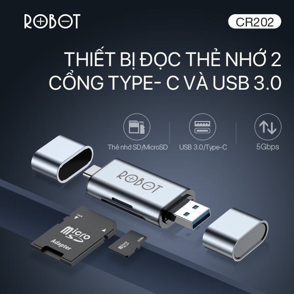 Thiết Bị Đọc Thẻ Nhớ SD/ MicroSD ROBOT CR202 Hai Đầu Type-C Và USB 3.0 Tốc Độ Truyền Cao - Vỏ Kim Loại Nhôm Cao Cấp