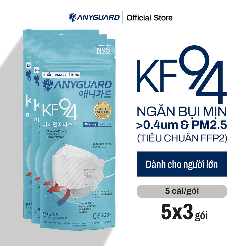 Khẩu Trang Hàn Quốc KF94 Ngăn Bụi Mịn Chính Hãng ANYGUARD Tiêu Chuẩn kháng bụi FFP2 An Toàn Cho Da - Combo 15 Cái