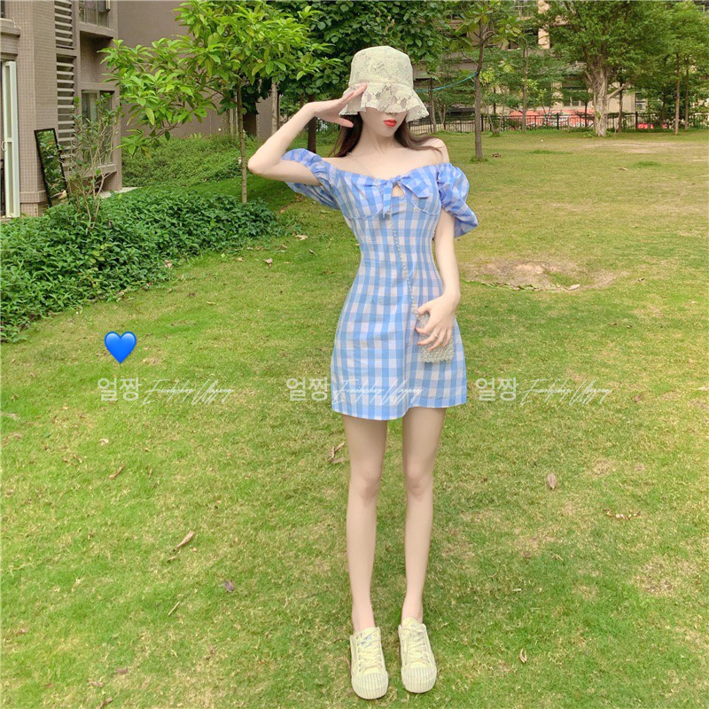 Đầm nữ sơ mi caro midi dáng ôm tay ngắn Emilyshop