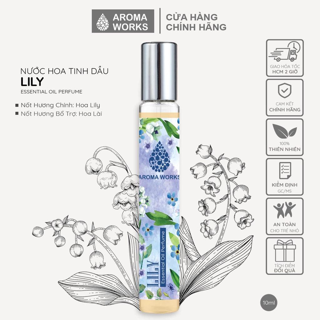 [Mã BMLT35 giảm đến 35K đơn 99K] Tinh dầu nước hoa không cồn, lưu hương lâu Aroma Works Lily Essential Oil Perfume 10ml