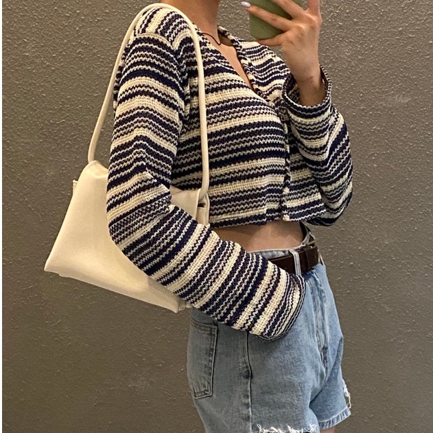 Áo cardigan ZHELIHANGFEI dệt kim tay dài cổ chữ V họa tiết kẻ sọc