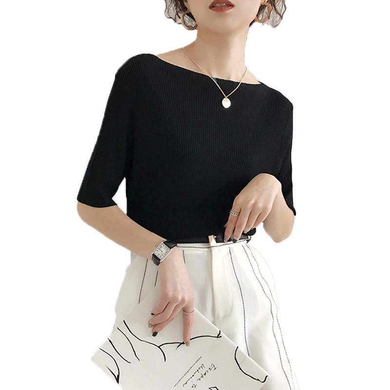 Áo kiểu IELGY dệt kim lụa lạnh co giãn tay ngắn nhiều màu trơn tùy chọn phong cách Nhật Hàn thời trang ngọt ngào cho nữ