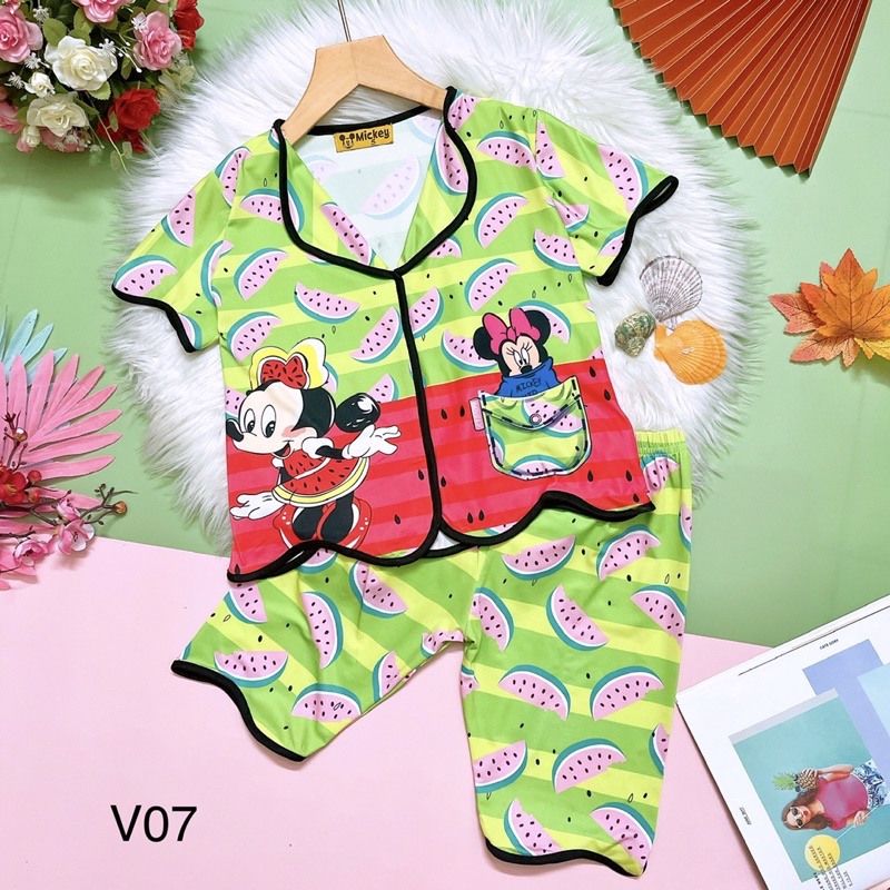 Đồ bộ pijama lửng bé gái thun lạnh 3D co giãn 4 chiều mềm mát mặc nhà mặc ngủ in hình dễ thương 22-47kg