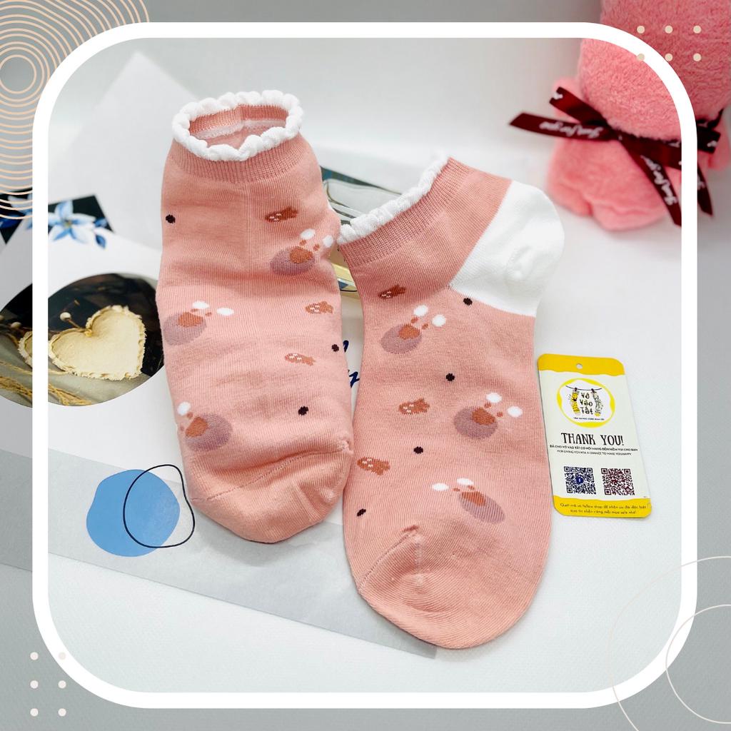 VỚ TẤT NỮ CỔ NGẮN VIỀN BÈO RĂNG CƯA GẤU DÂU LOTSO TÔNG HỒNG CAM