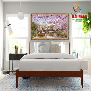 Tranh dán tường 3D  Hoa anh đào  - vải lụa phủ kim sa (kích thước theo yêu cầu)