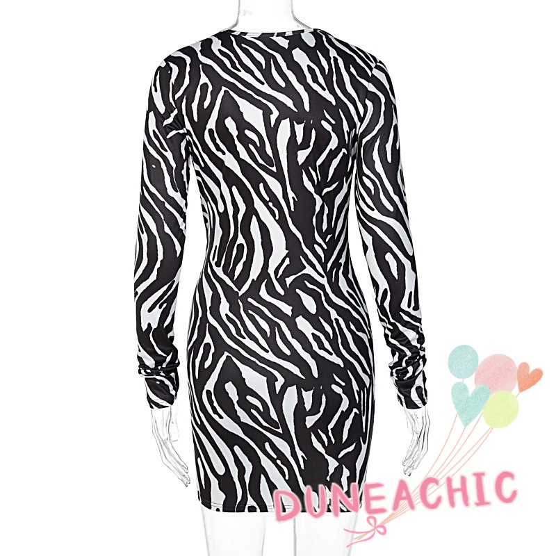 Đầm Tay Dài Cổ Chữ V Khoét Sâu Họa Tiết Ngựa Vằn Quyến Rũ Cho Nữ