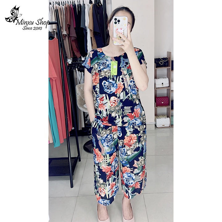 Bộ mặc nhà trung niên vải lanh ỐNG SỚ 2 TÚI SÂU TO, áo ngắn tay quần lửng ống rộng cho bà cho mẹ Minxu shop GS