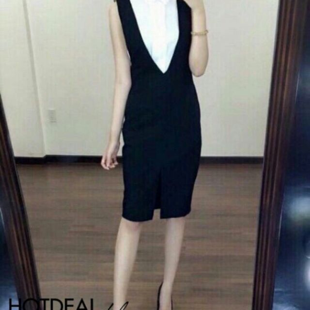 Áo đầm ôm body cổ sơ mi, xẻ tà