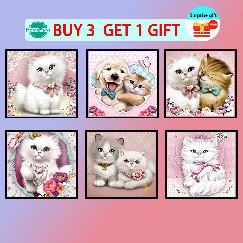 Bộ Tranh Đính Đá 5D Tự Làm Hình Mèo Và Chó Dễ Thương 30x30cm