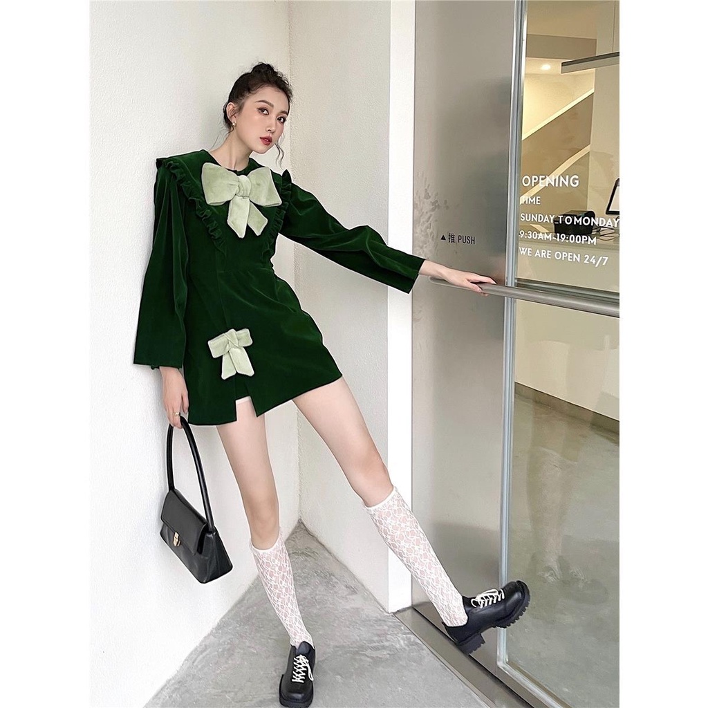 Đầm nhung đỏ phong cách retro Pháp mừng năm mới năm mới 2021 cho nữ
