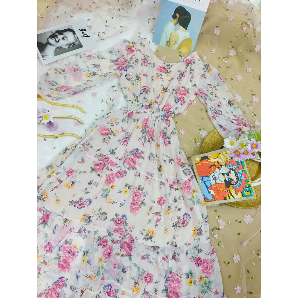 Đầm hoa maxi cổ tròn bóp eo tay dài dáng xòe | BigBuy360 - bigbuy360.vn