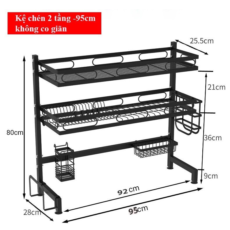 Kệ Để Bát Đĩa FREESHIP Giá Để Chén Bát - Sơn Đen Tĩnh Điện Cao Cấp - 2 Tầng Dài 95cm