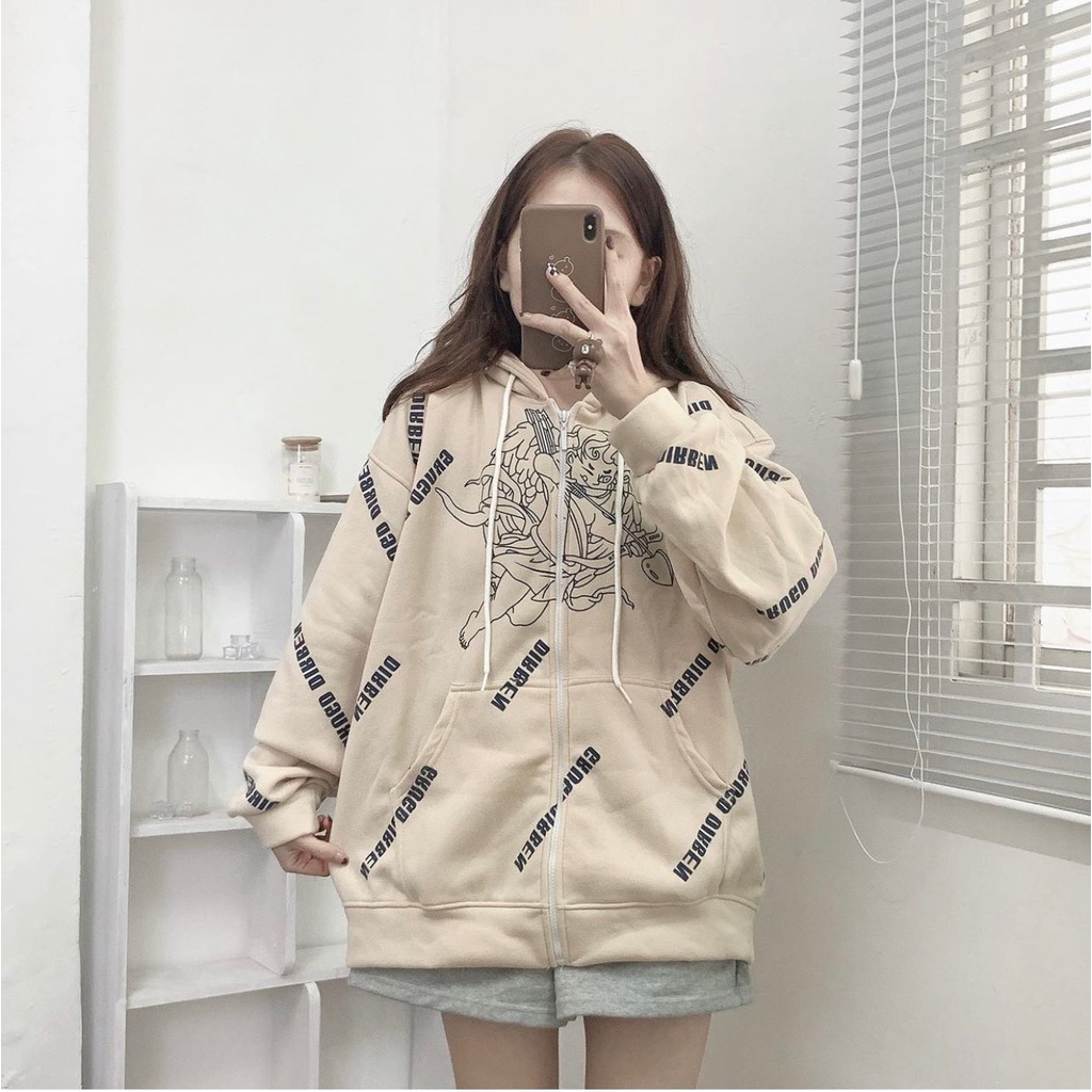 Áo Khoác Nữ Thiên Thần Kiểu Hoodie Có Khóa Kéo , Nón Mũ 2 Lớp- Chất Vải Nỉ  From Rộng Unisex