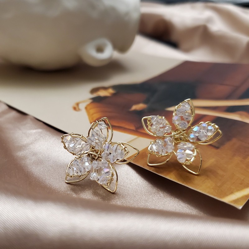 925 silver crystal hollow flower earrings petal earrings A0002