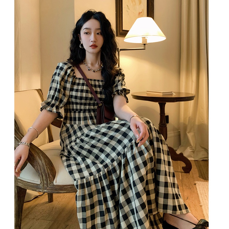 Niche-018 Đầm Xòe Dáng Ôm Cổ Vuông Kẻ Sọc Caro Trắng Đen Phong Cách Retro Pháp 2022 Mới Cho Nữ