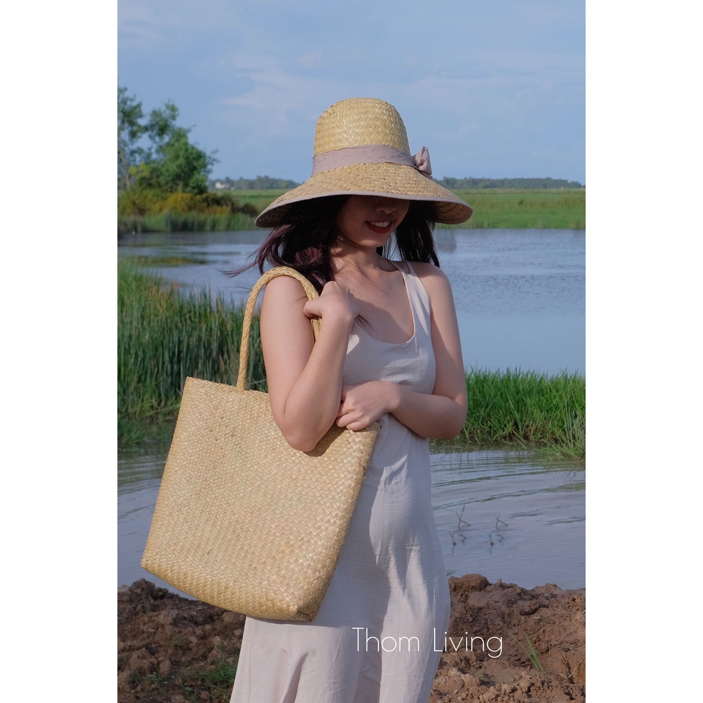 Giỏ cỏ bàng tote chữ nhật đứng quai đeo vai vẽ hoa