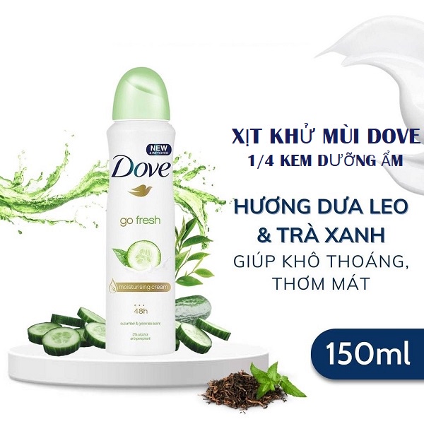Xịt Khử Mùi Dove 150ml Khô Thoáng 48H Dưỡng Da Sáng Mịn Với 1/4 Kem Dưỡng Ẩm