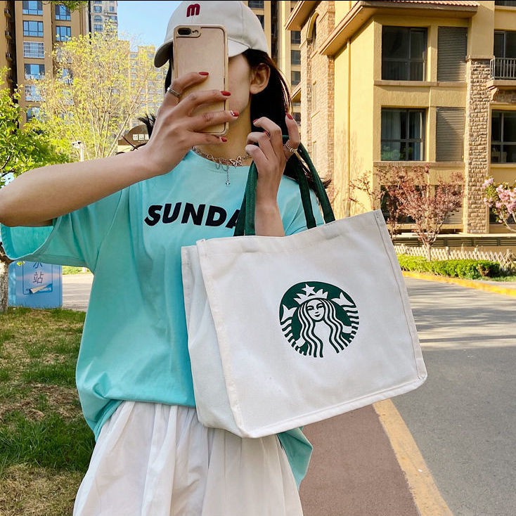 Túi Vải Họa Tiết Starbucks, Túi Denim Canvas Nữ Thời Trang