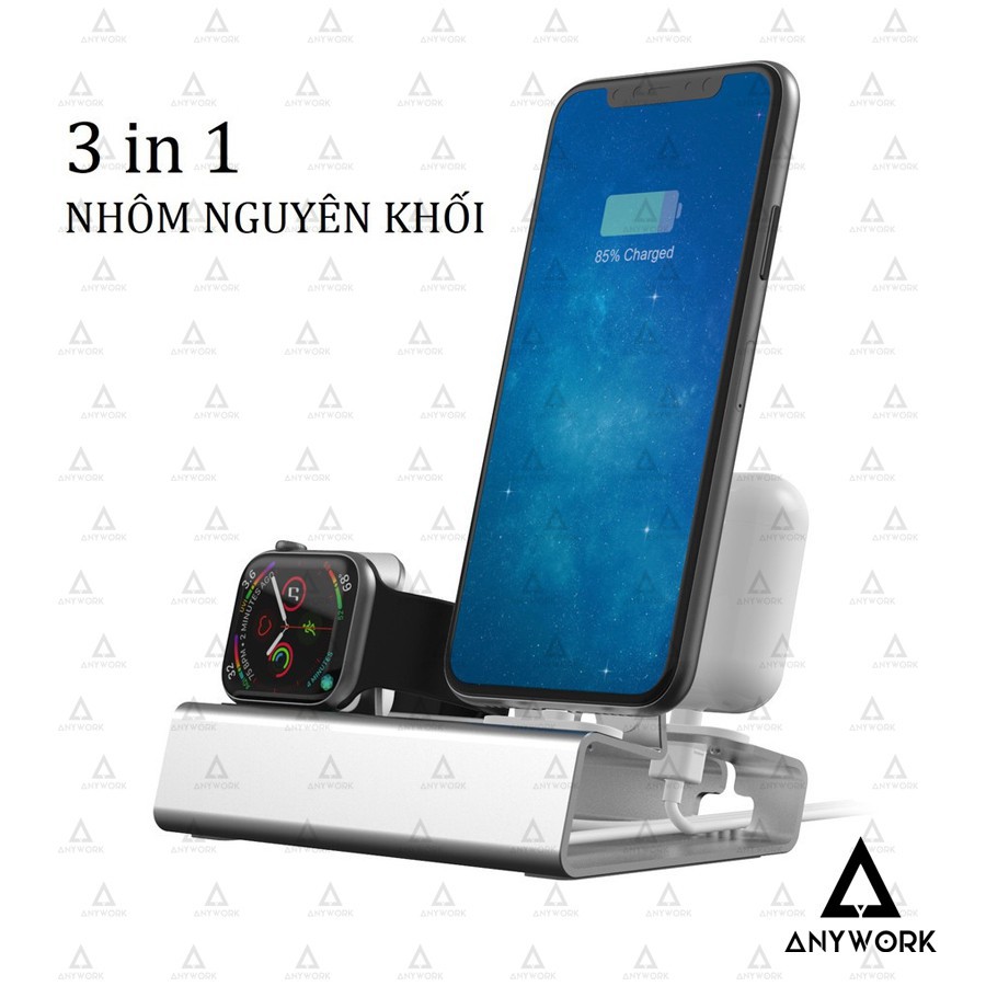 Đế sạc đứng nhôm nguyên khối 3 in 1 cho Iphone, Apple watch, Airpods STAND-T030B |Anywork
