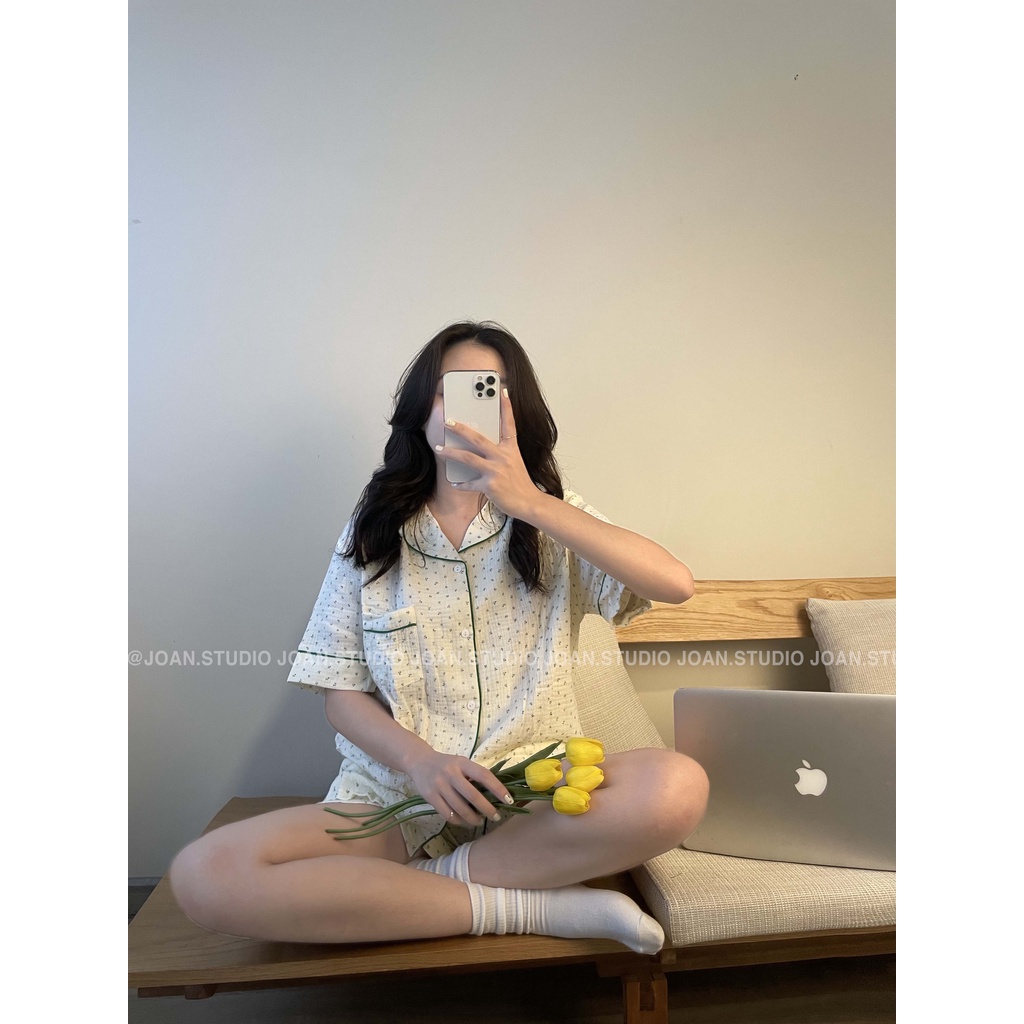 - Set Đồ Ngủ Nữ - Đồ Mặc Ở Nhà chất liệu Xô Muslin HOA NHÍ XANH LÁ cao cấp
