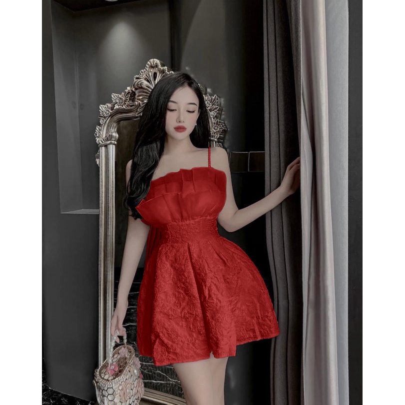 FREE SHIP ĐẦM XỐP DẬP TƠ HAI DÂY PHỐI CƯỜM HÀNG THIẾT KẾ XINH LUNG LINH DỰ TIỆC NÓNG BỎNG PU