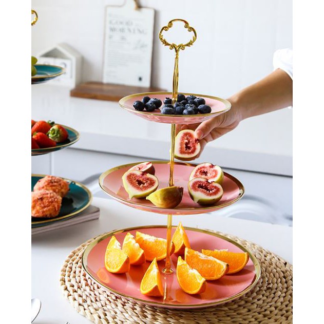 Khay bánh sứ viền mạ vàng 3 tầng bày bàn tiệc, khay bánh sứ 3 tầng, trang hoa quả bánh kẹo trang trí phòng bếp