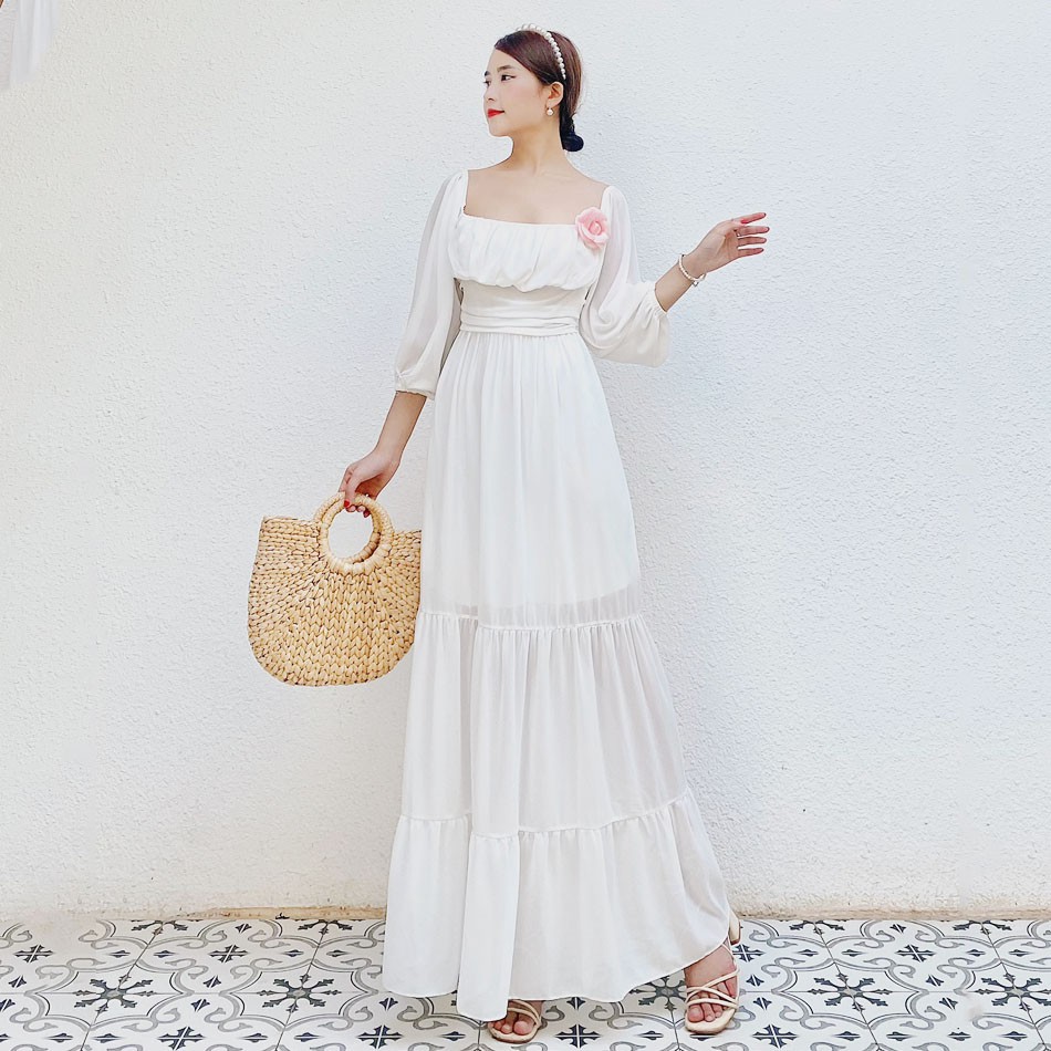 Đầm maxi trơn MIMIX váy tay dài xếp ly ngực sang trọng đi du lịch BE7190 | BigBuy360 - bigbuy360.vn