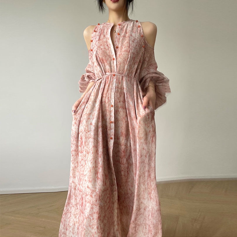 Hàng Có Sẵn Giao Hàng Ngay Ngay Ngay Lập Phương ~ 2022 Váy Dài Hở Vai In Họa Tiết Mực Phong Cách Pháp Mùa Thu