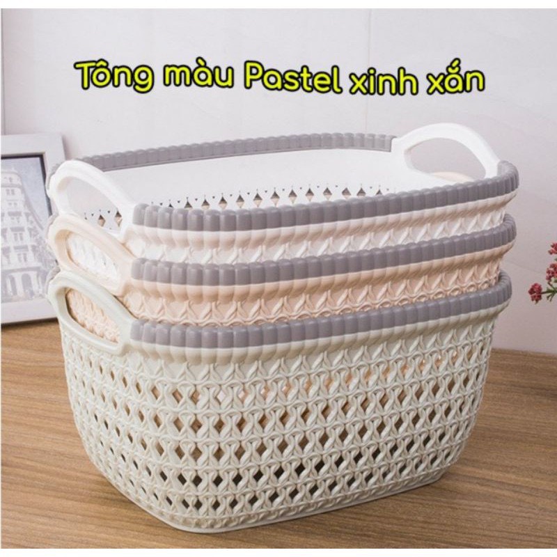 Rổ nhựa giả đan mây - Rổ nhựa chữ nhật đựng đồ có quai cầm màu pastel xinh xắn