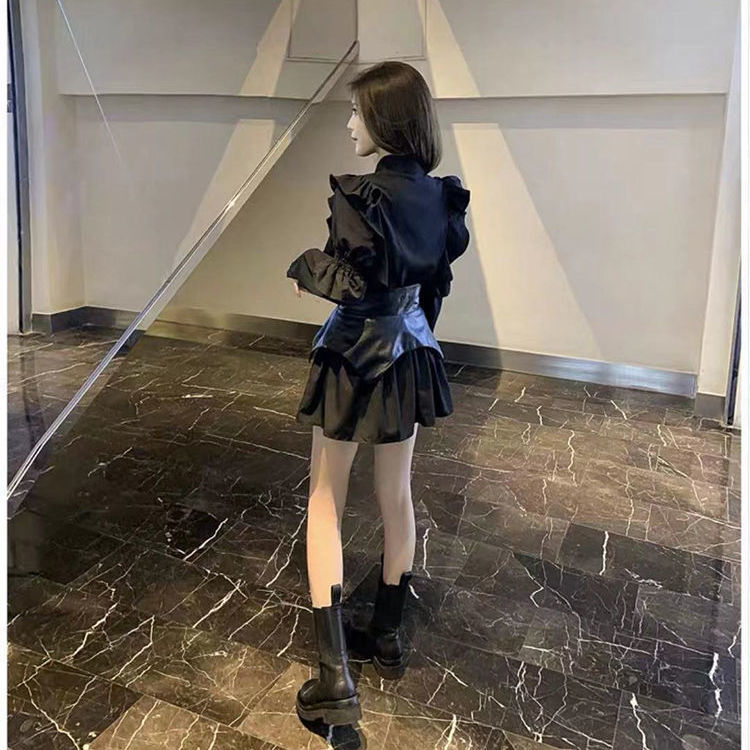 Bộ đồ 2 món gồm đầm sơ mi + thắt lưng ôm eo thời trang retro mùa đông cho nữ