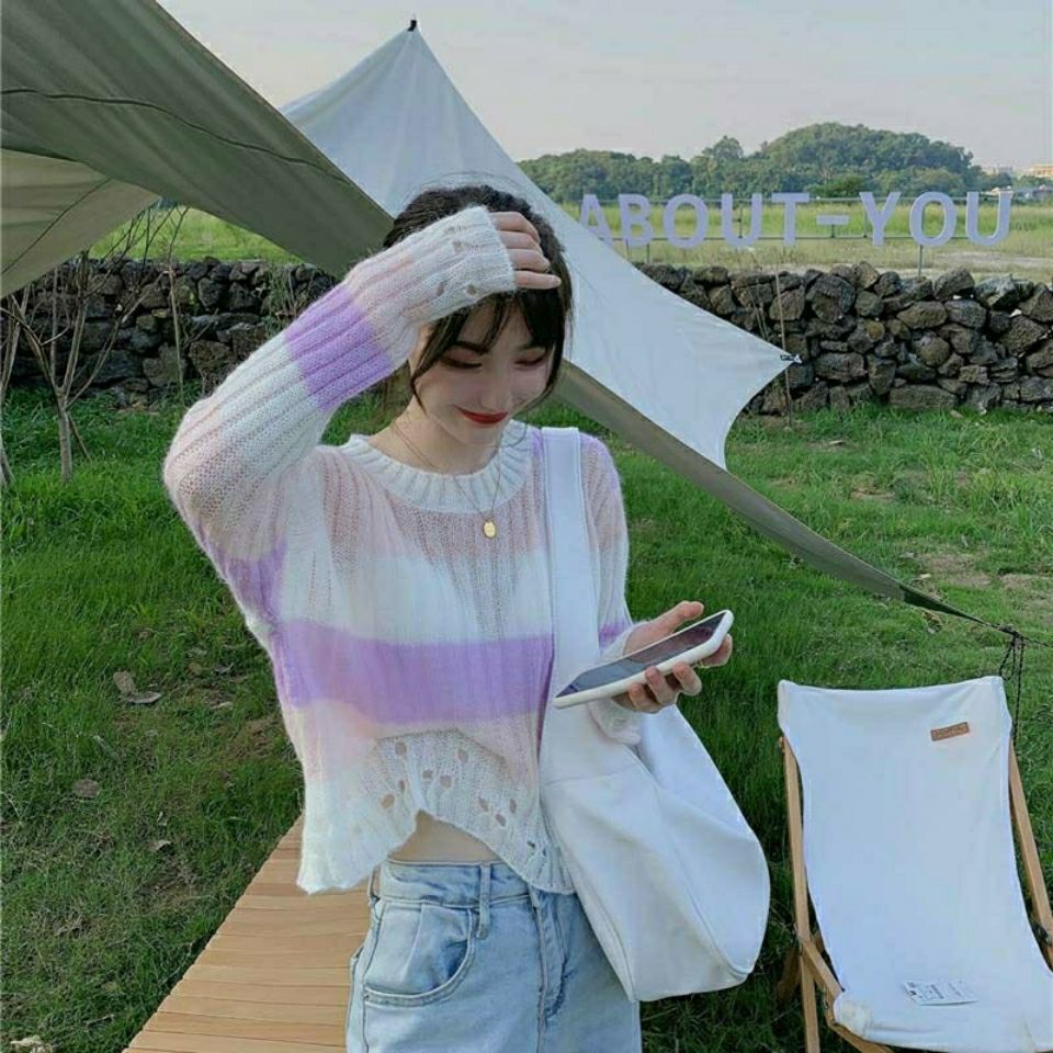 Jiashucheng Áo Sweater Tay Dài Dáng Rộng Ngắn Màu Gradient Phong Cách Hàn Quốc Mùa Thu Cho Nữ