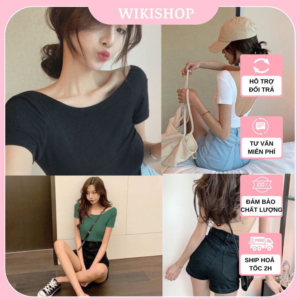 Áo croptop hở lưng, áo thun cộc tay nữ cổ thuyền dáng lửng sexy đen trắng be xanh freesize phom ôm body WIkishop C1074