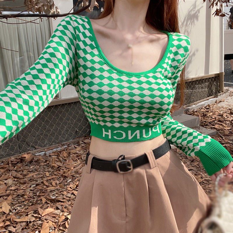 Áo Croptop Dệt Kim Tay Dài Cổ Tròn In Chữ Phong Cách Hàn Quốc Thời Trang Cho Nữ