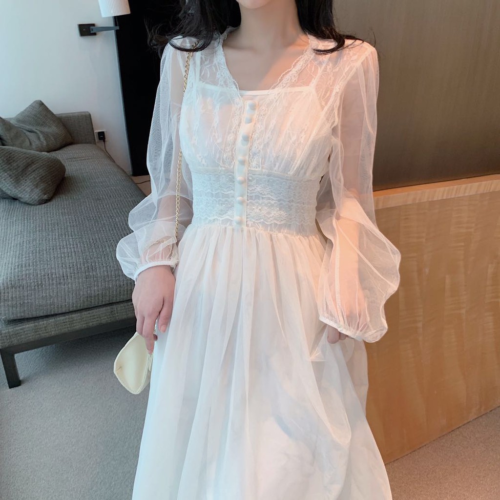 [ORDER-ảnh thật] Set đầm maxi tiểu thư ulzzang dài tay phối ren - u.w hottrend hottrend 2019