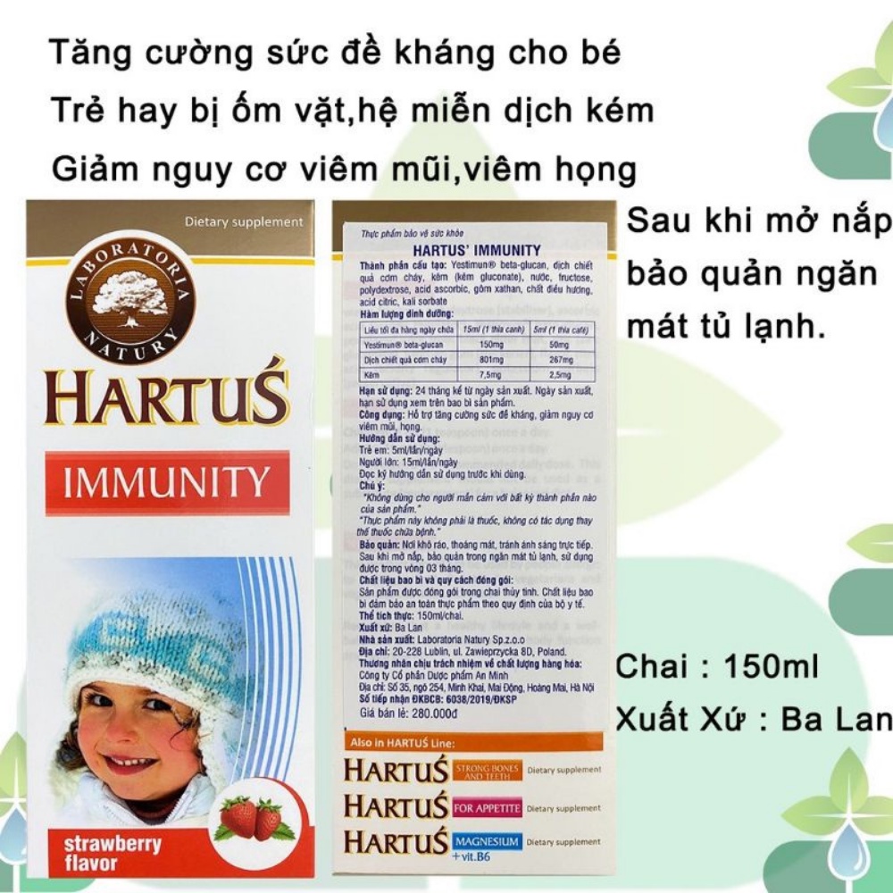 Hartus Immunity nhập khẩu chính hãng từ Balan, Siro Hartus giúp tăng sức đề kháng cho bé, bé khỏe mạnh hơn (Chai 150ml)