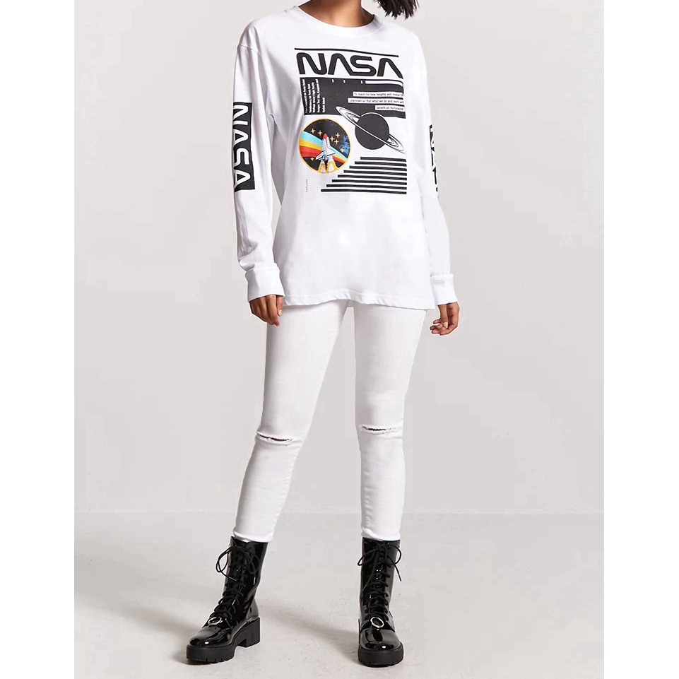 Ins Style Hot Women Slim Nasa Letter Print Tops Round Neck Long Sleeve Tshirt
