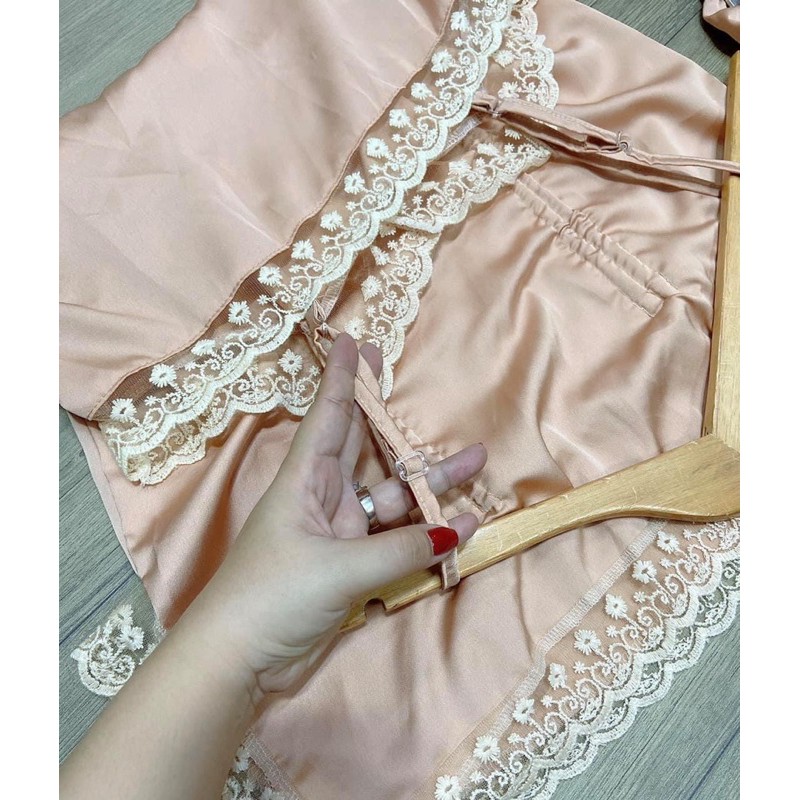 Đầm Ngủ 2 Dây Satin Phối Ren