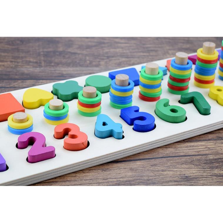 Giáo Cụ Montessori Cột Tính Học Đếm Và Hình Khối 2 Trong 1 Bằng Gỗ - Tặng Ghép Hình 9 Mảnh