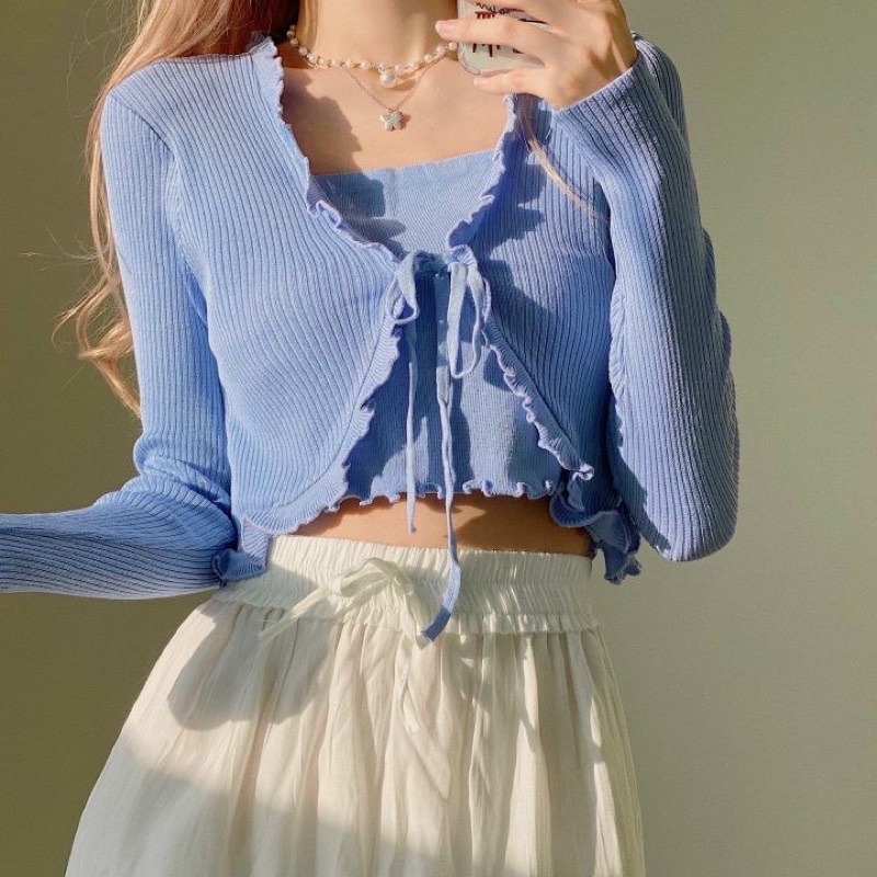 [Ảnh Thật] ÁO CROPTOP DIỀN BÈO CỘT THẮT DÂY TAY DÀI- ÁO KHOÁC NGOÀI CHẤT THUN GÂN MẶC ĐƯỢC 2 KIỂU CHIZISHOP CRT93