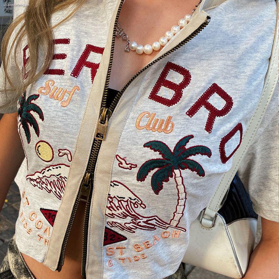 Áo thun ngắn tay thêu họa tiết phong cách hip hop đường phố Mỹ mới dành cho nữ