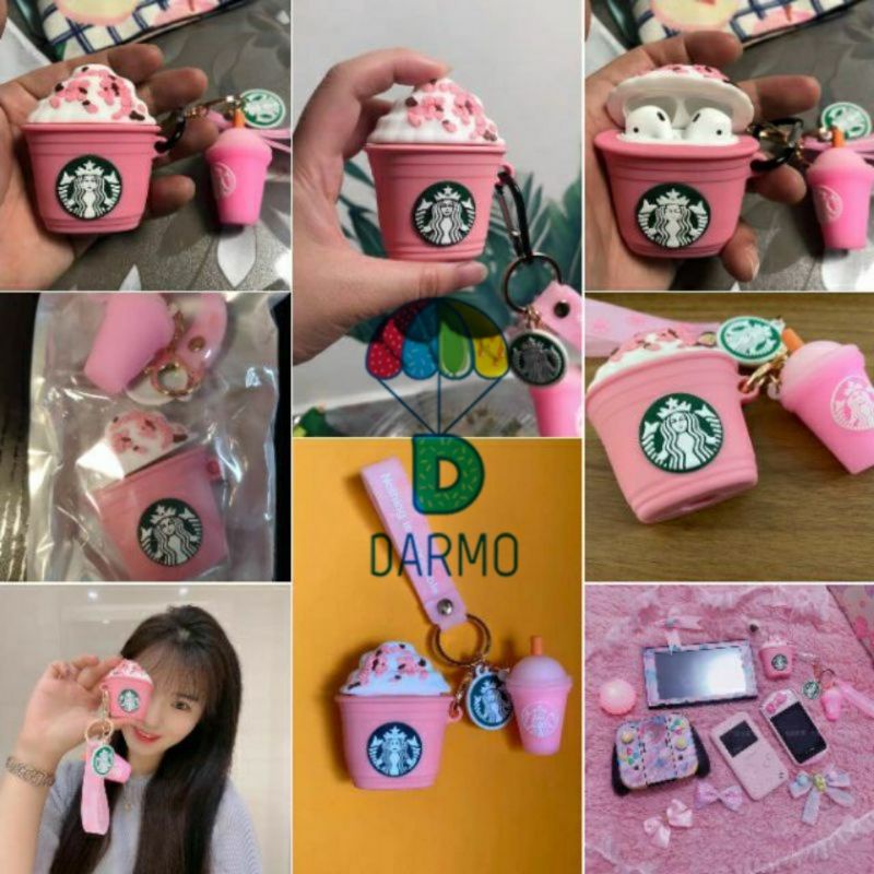 (Order 10 ngày) Case bảo vệ Airpods Pro/1/2 cốc cà phê starbucks frappuccino sakura mẫu 1 kèm móc