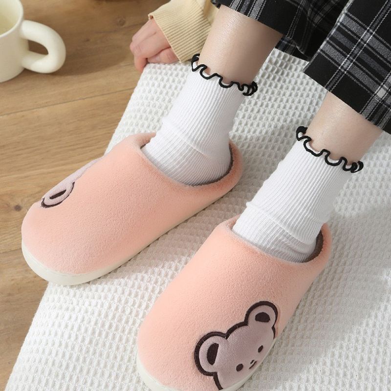Dép bông đi trong nhà mùa đông hình gấu đế cao su êm chân dép lông siêu ấm