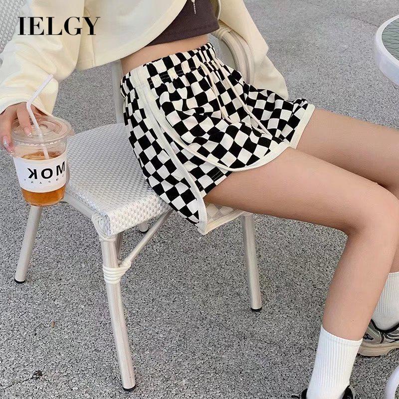 Quần ngắn IELGY cạp cao dáng rộng cột dây họa tiết kẻ caro
