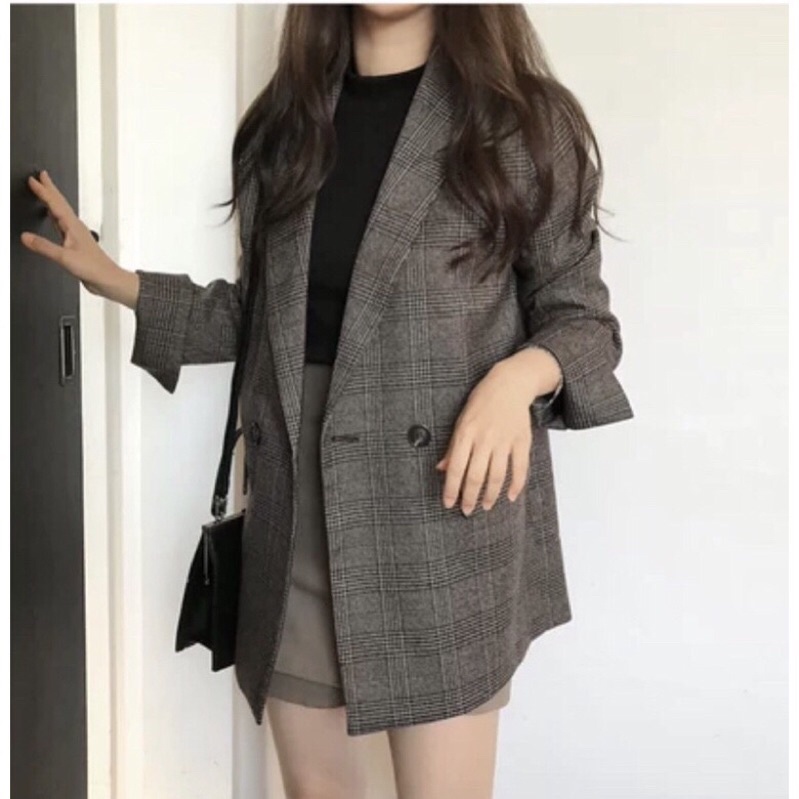 Áo balazer kẻ 2 lớp xẻ tay - Áo vest nữ kẻ Hàn Quốc