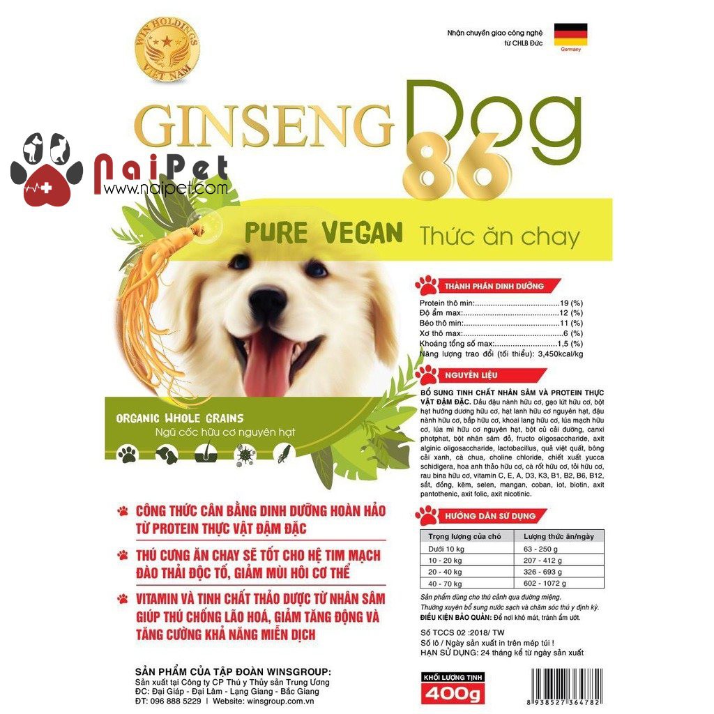 Thức Ăn Hạt Chay Cho Chó Ginseng Dog 86 Pure Vegan Wins Group