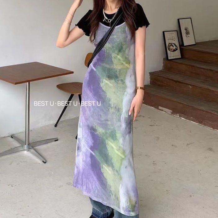 Đầm Hai Dây Họa Tiết Màu Nhuộm Phong Cách Hong Kong Thời Trang Cho Nữ