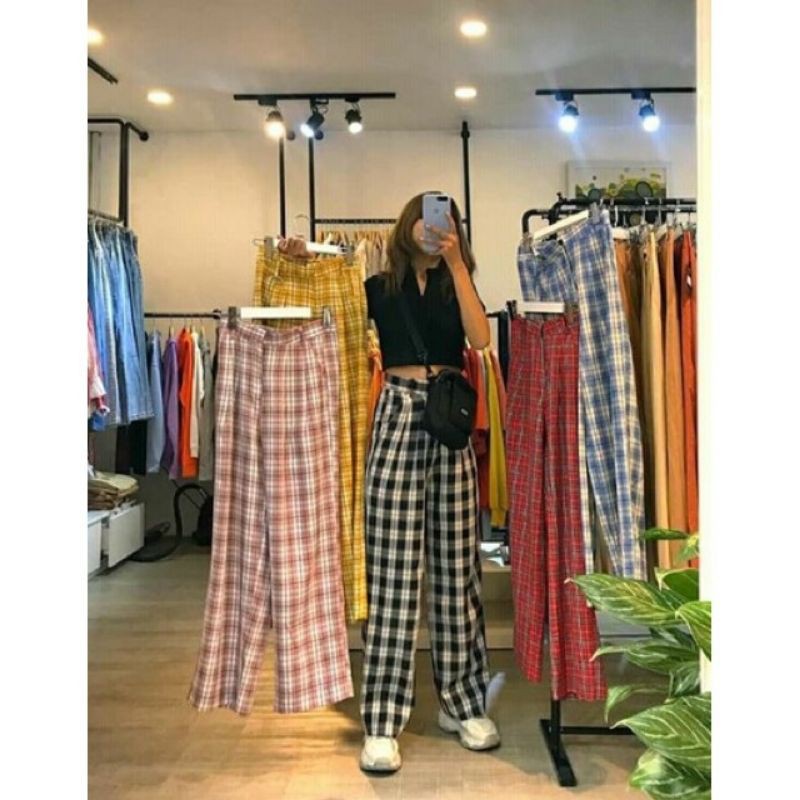 Quần Suông Nữ Ống Rộng Kẻ Caro Dáng Dài Cạp Cao Khóa Thật Siêu Hách Dáng 🌸Quần Kẻ Caro Ống Rộng Nhiều Màu