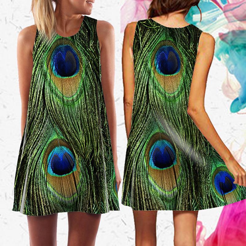 Đầm sát nách cổ tròn hoạ tiết chim công cho phái nữ